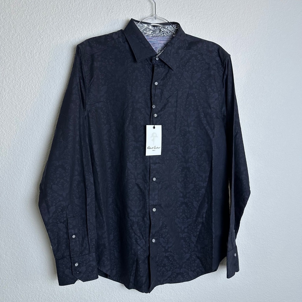 Robert Graham Bayview Black Damask Jacquard Button Down Shirt Mens Small New - Picture 2 of 9